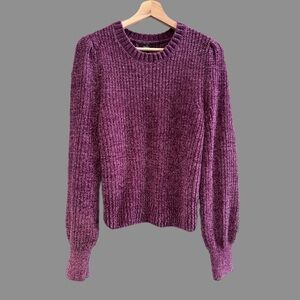 So Soft Chenille Sweater Lilac Purple Puffed Sleeve Long Knitted Crewneck